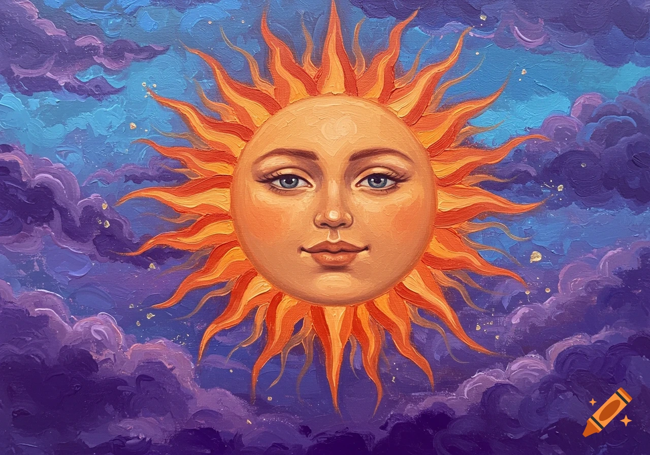 Oil painting of a stylized sun with a serene human face, surrounded by vibrant purple and blue clouds.