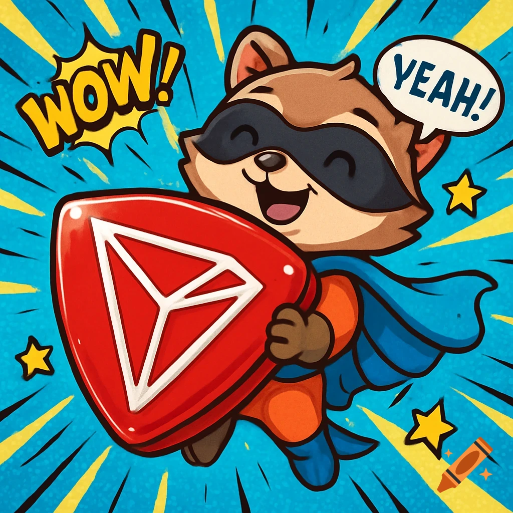 A cute cartoon raccoon superhero holds a red Tron (TRX) shield, with 'WOW!' and 'YEAH!' speech bubbles, against a pop art background.
