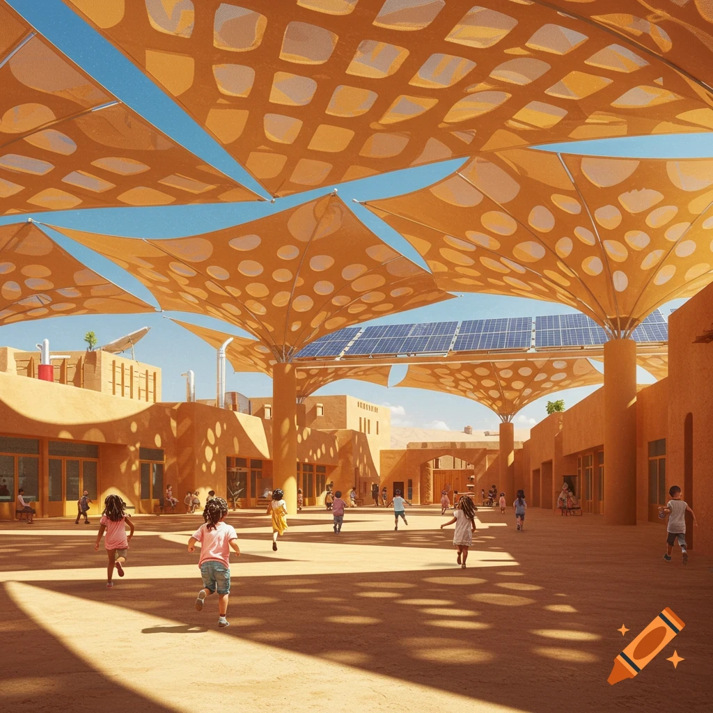 Children play in a sunny school courtyard with terracotta buildings, large perforated sun shades, and solar panels. Photorealistic.