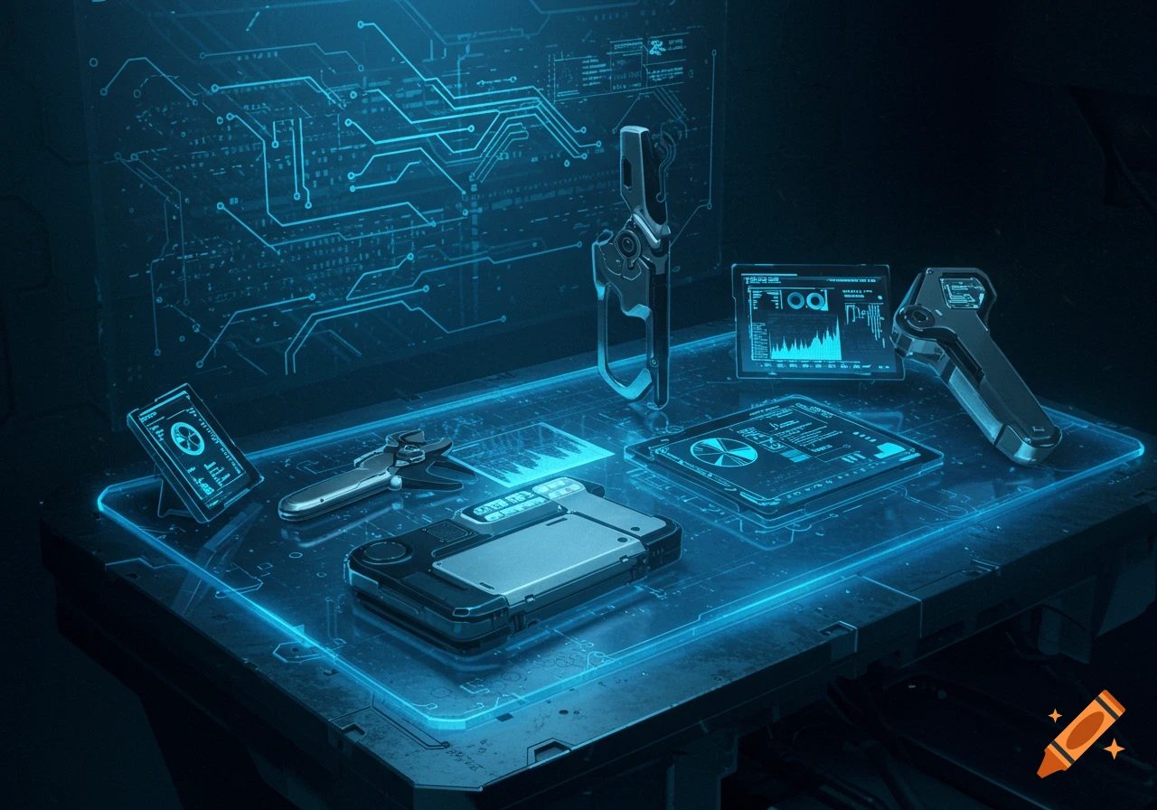 A dark, futuristic laboratory table with glowing blue data displays and sleek, metallic tools.