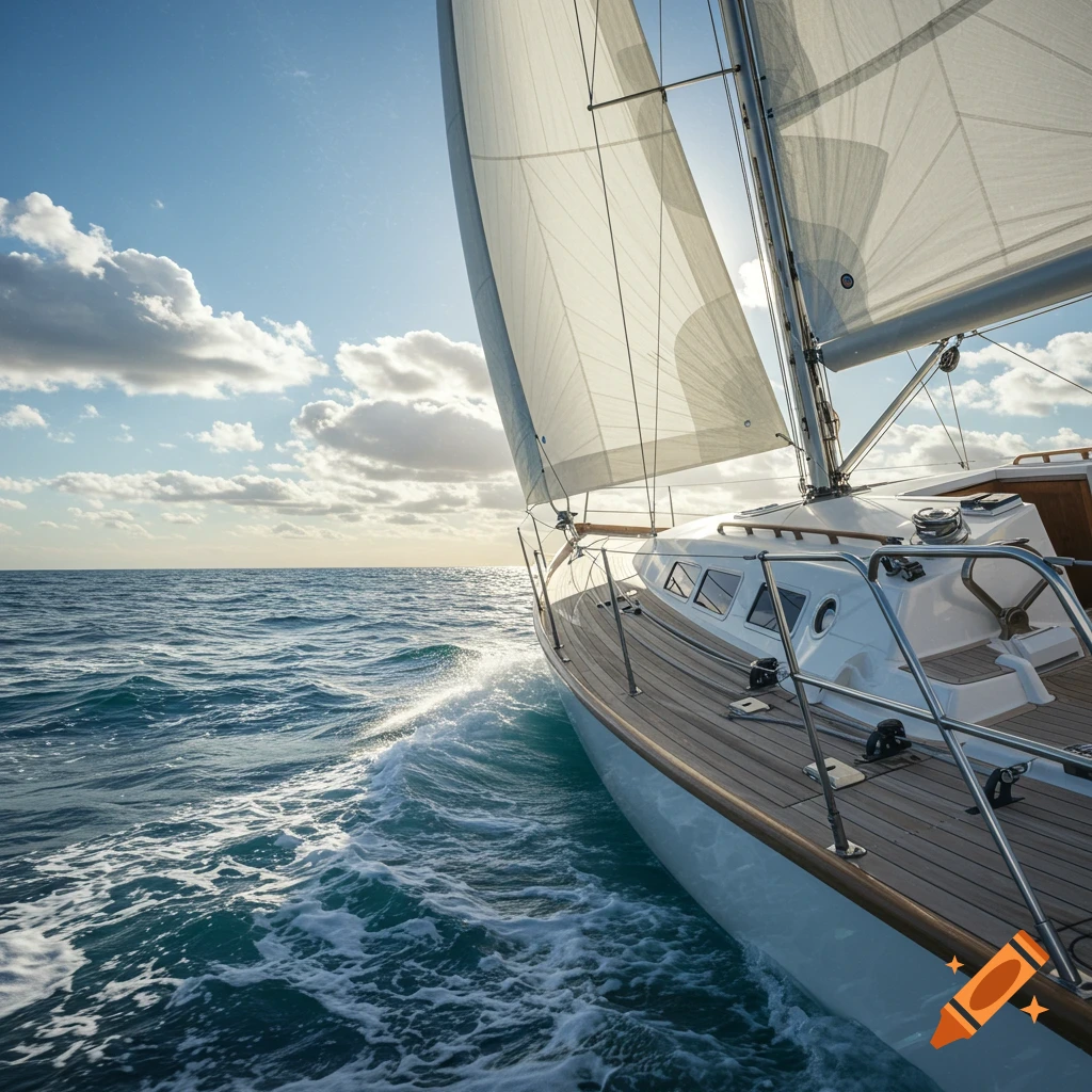 A photorealistic image of a white sailboat cutting through blue ocean waves under a partly cloudy sky.