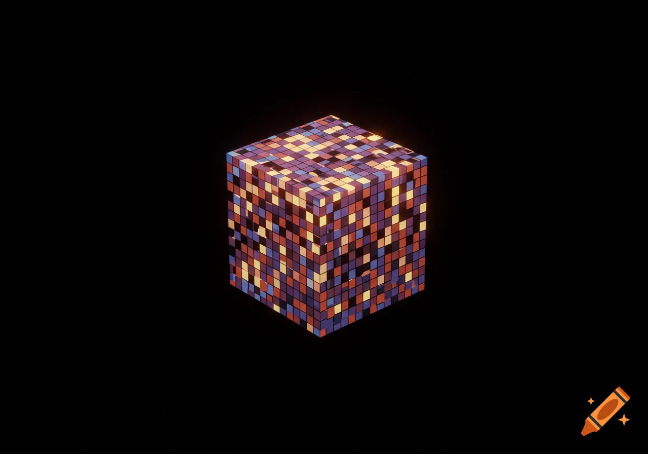 A glowing, multicolored pixelated cube against a solid black background.