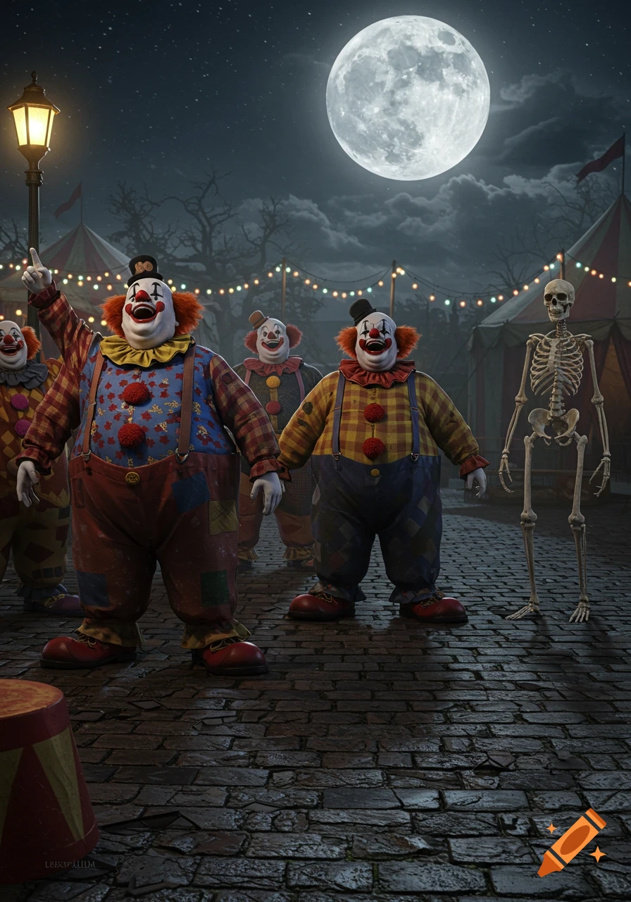Hyperrealistic image of a group of creepy clowns and a skeleton under a full moon in an eerie circus setting at night.