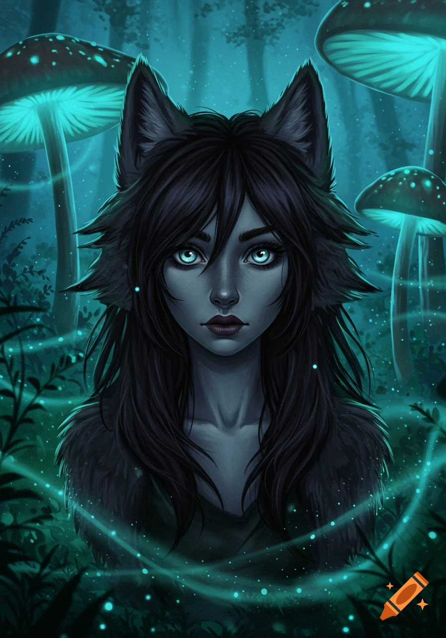 A digital illustration of a stylized wolf girl with glowing blue eyes in a dark, magical forest with bioluminescent mushrooms.