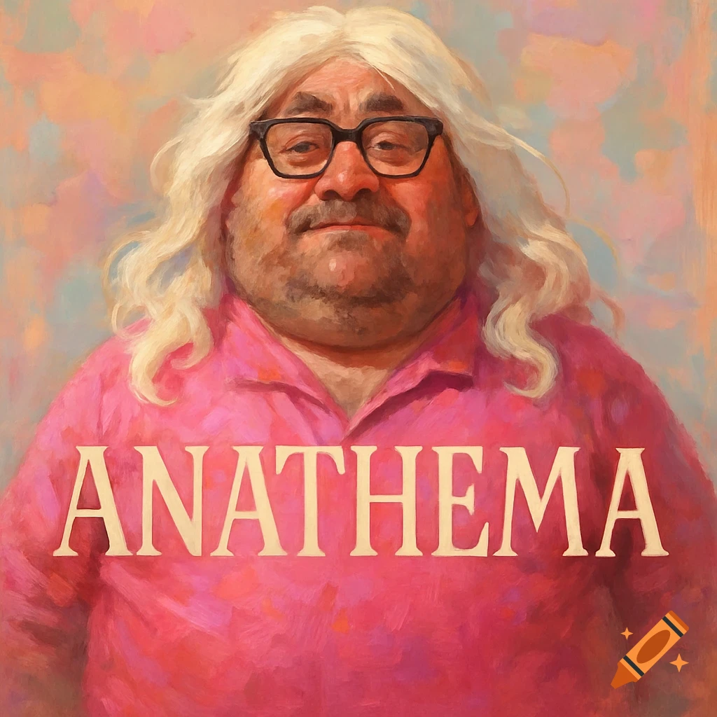 Painterly portrait of a plump man with a white wig, black glasses, and a pink shirt with 'ANATHEMA' written on it.
