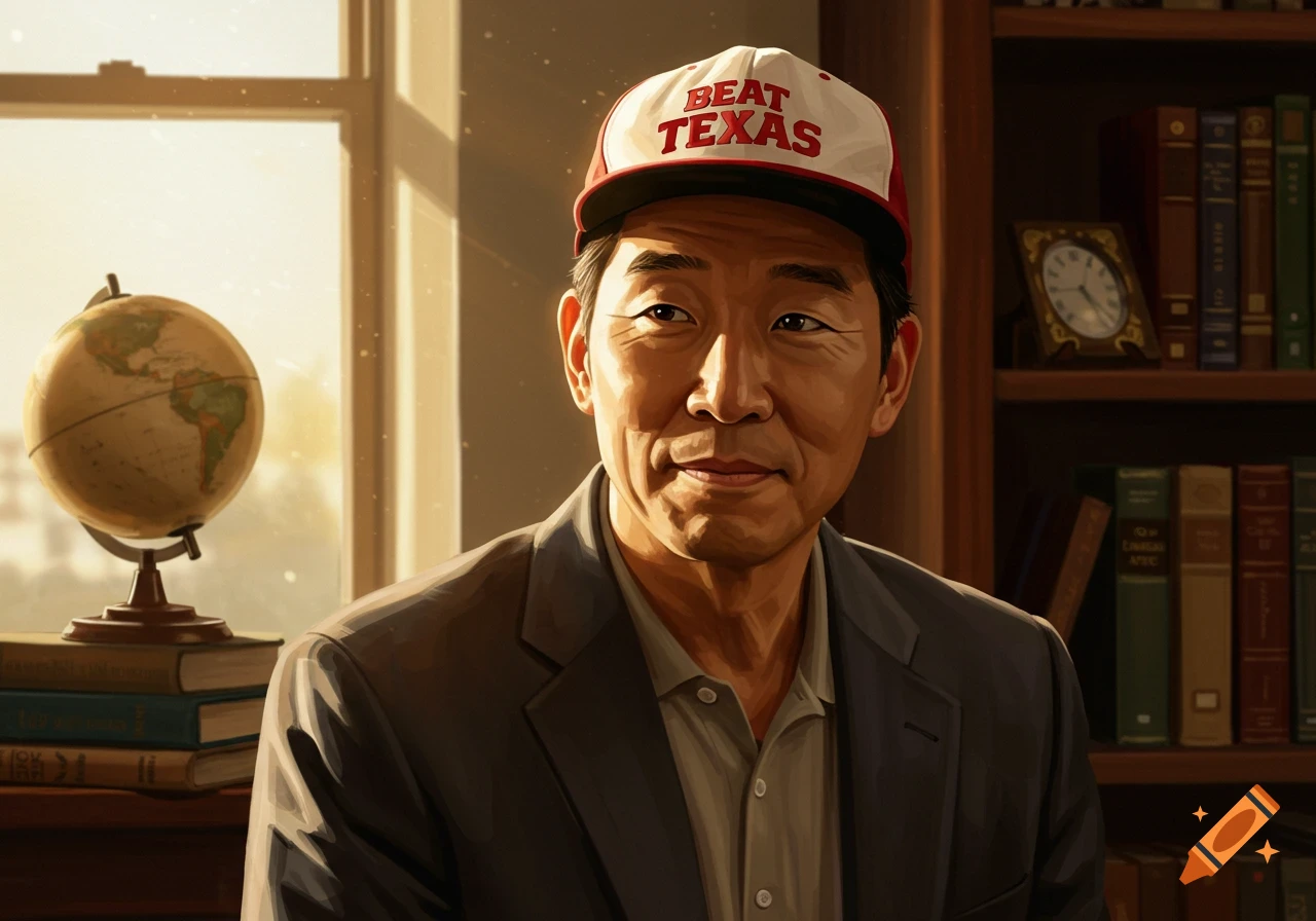A man wearing a 'BEAT TEXAS' hat sits in a sunlit room with a globe and books.
