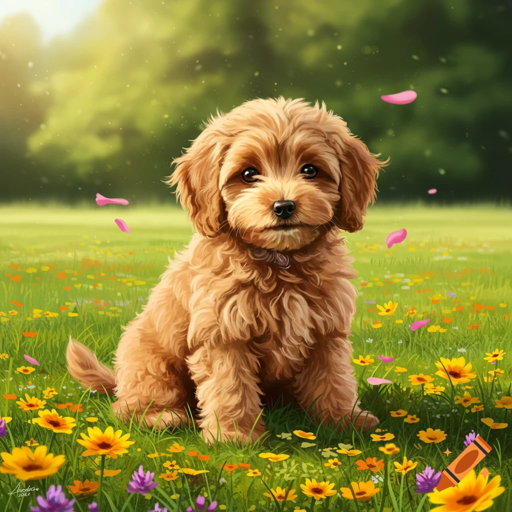 An apricot cockapoo puppy sits among colorful wildflowers in a sunlit field with floating pink petals.