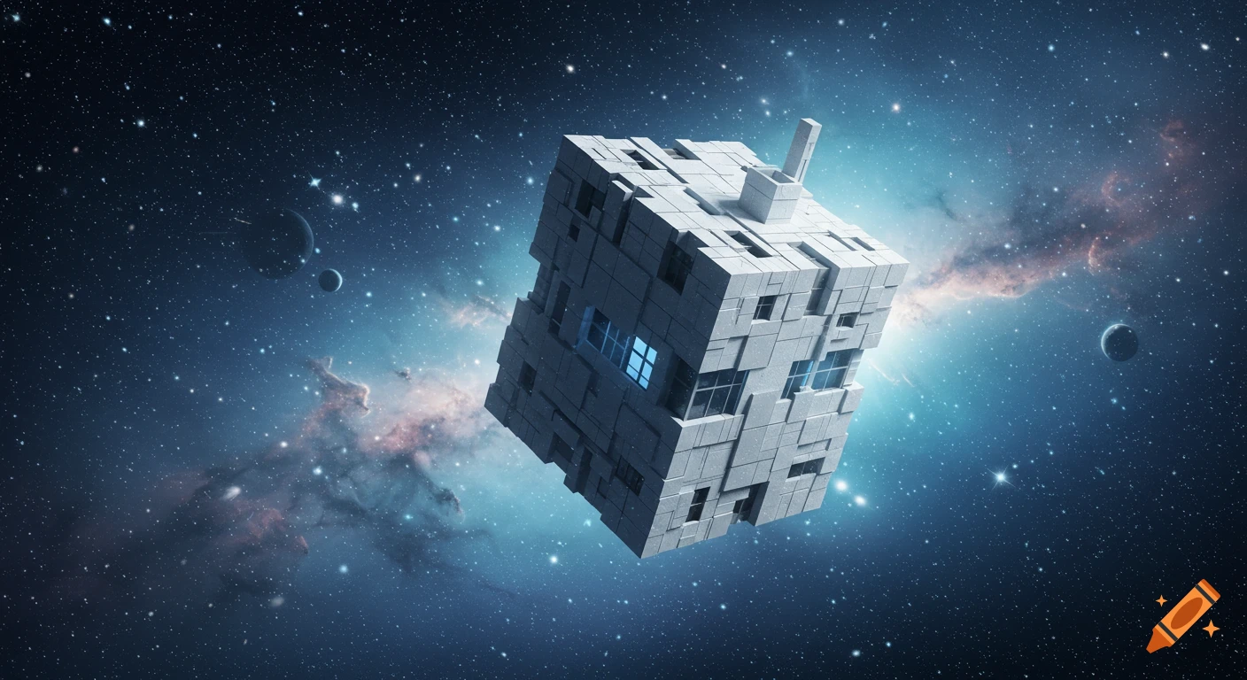 A large, blocky grey cube resembling a building with glowing windows floats in deep space among stars, nebulae, and planets.