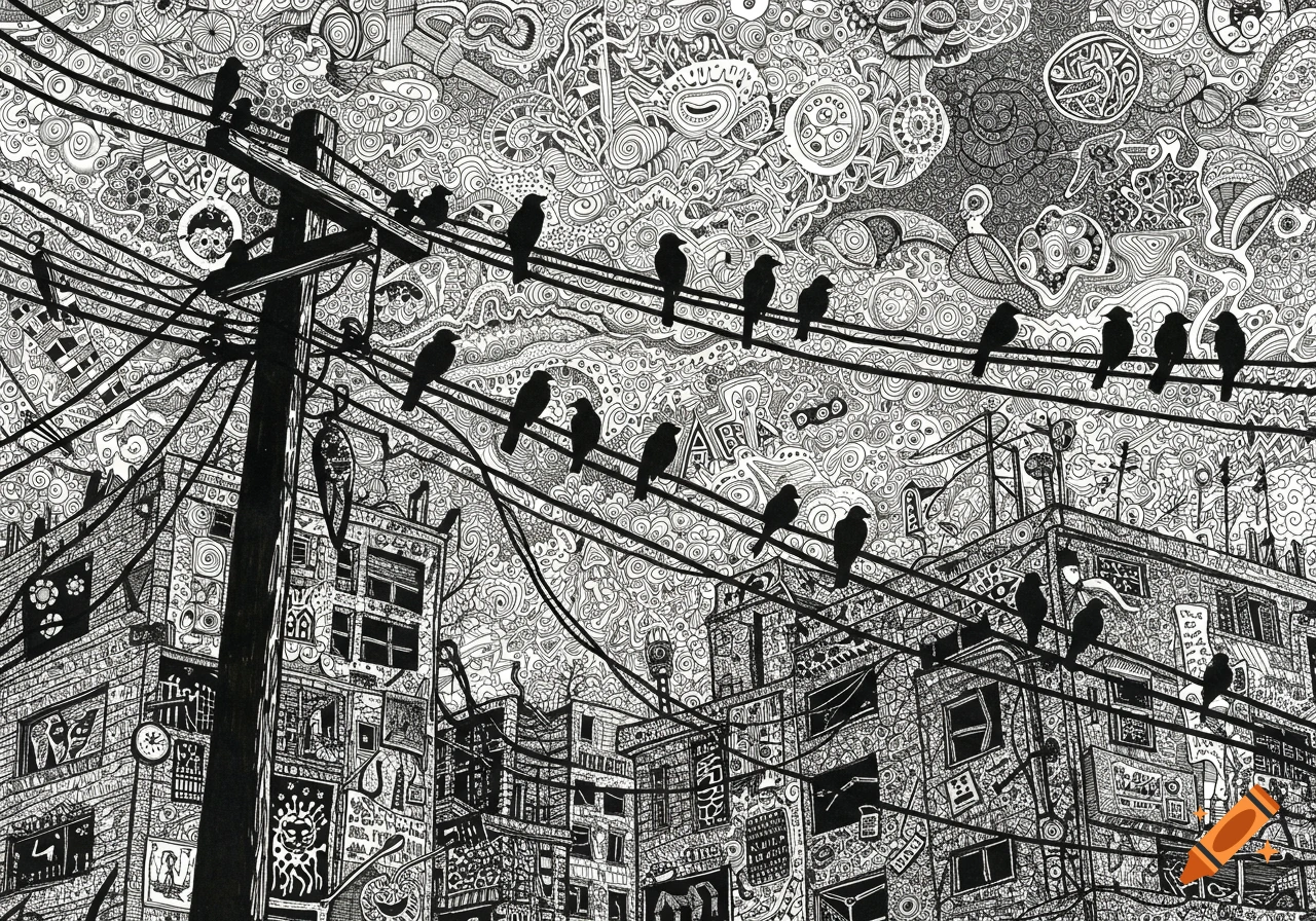A chaotic black and white psychedelic ink drawing of birds on electrical wires above decaying city buildings and utility poles.