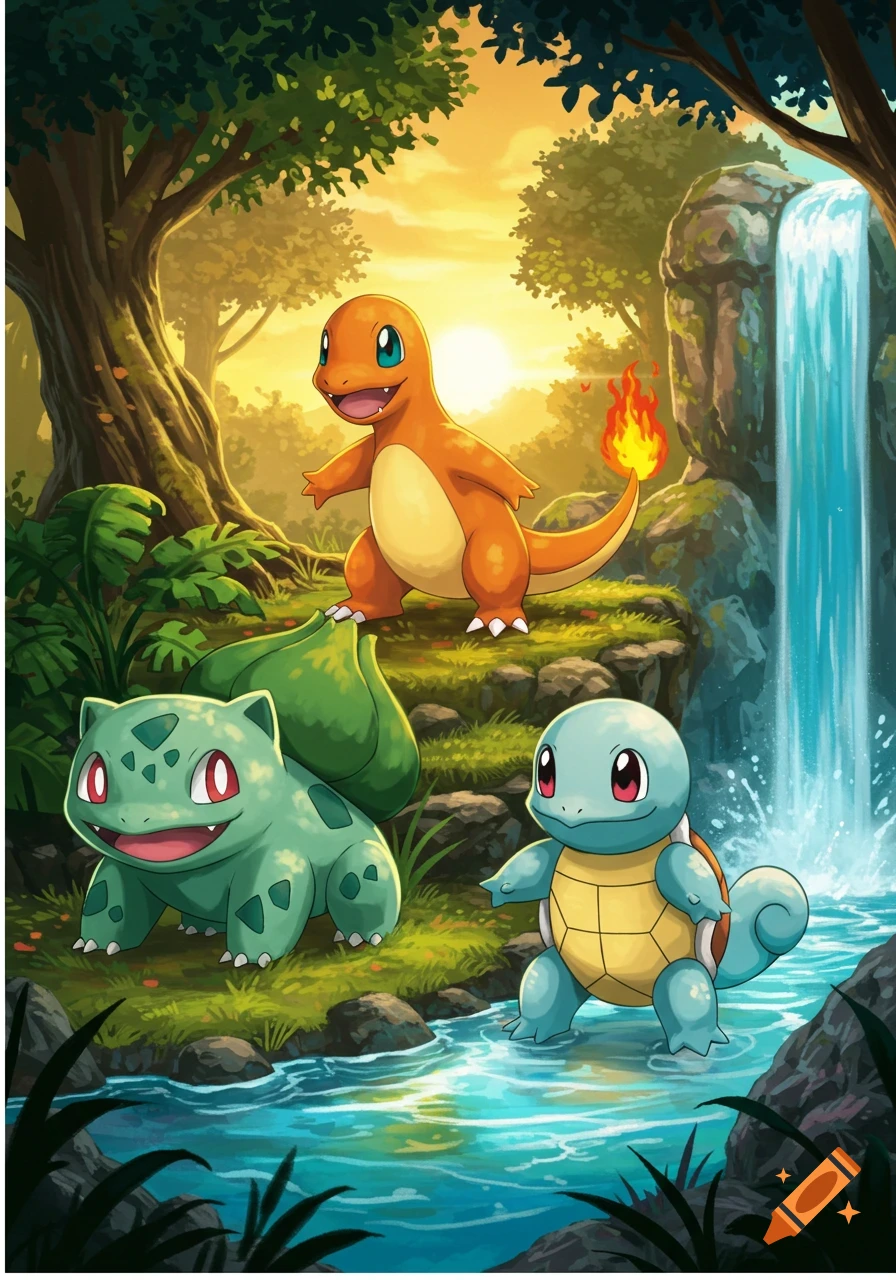 Charmander, Bulbasaur, and Squirtle in a lush forest by a waterfall at sunset, illustration.