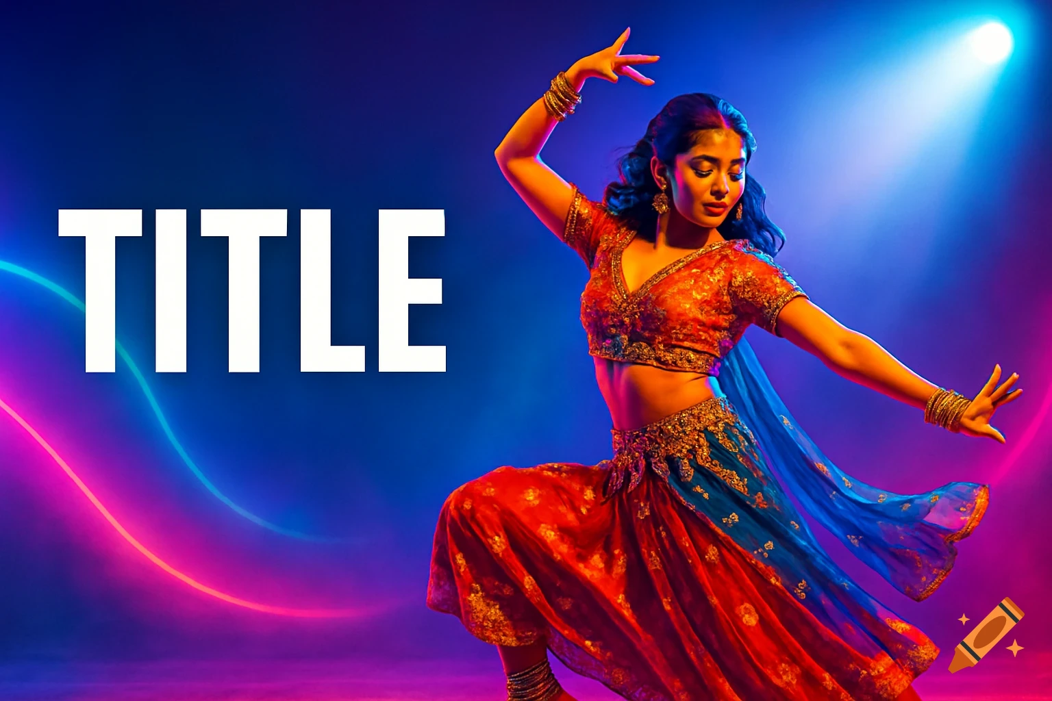 A female dancer in a colorful Bollywood outfit in a mid-dance pose, against a neon glowing background, with 'TITLE' text.