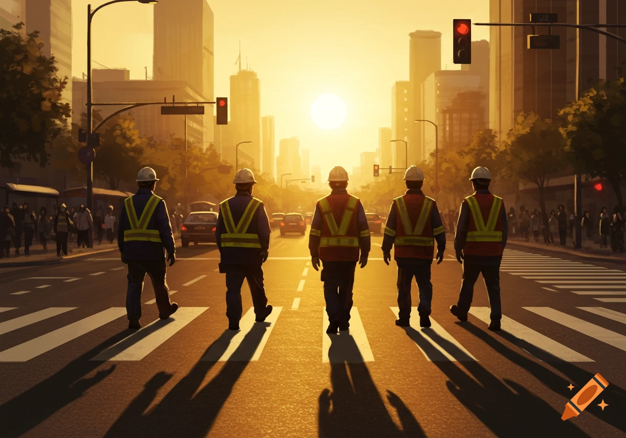 Five city workers in hard hats and safety vests walk across a zebra crossing at sunset, casting long shadows. Digital art.