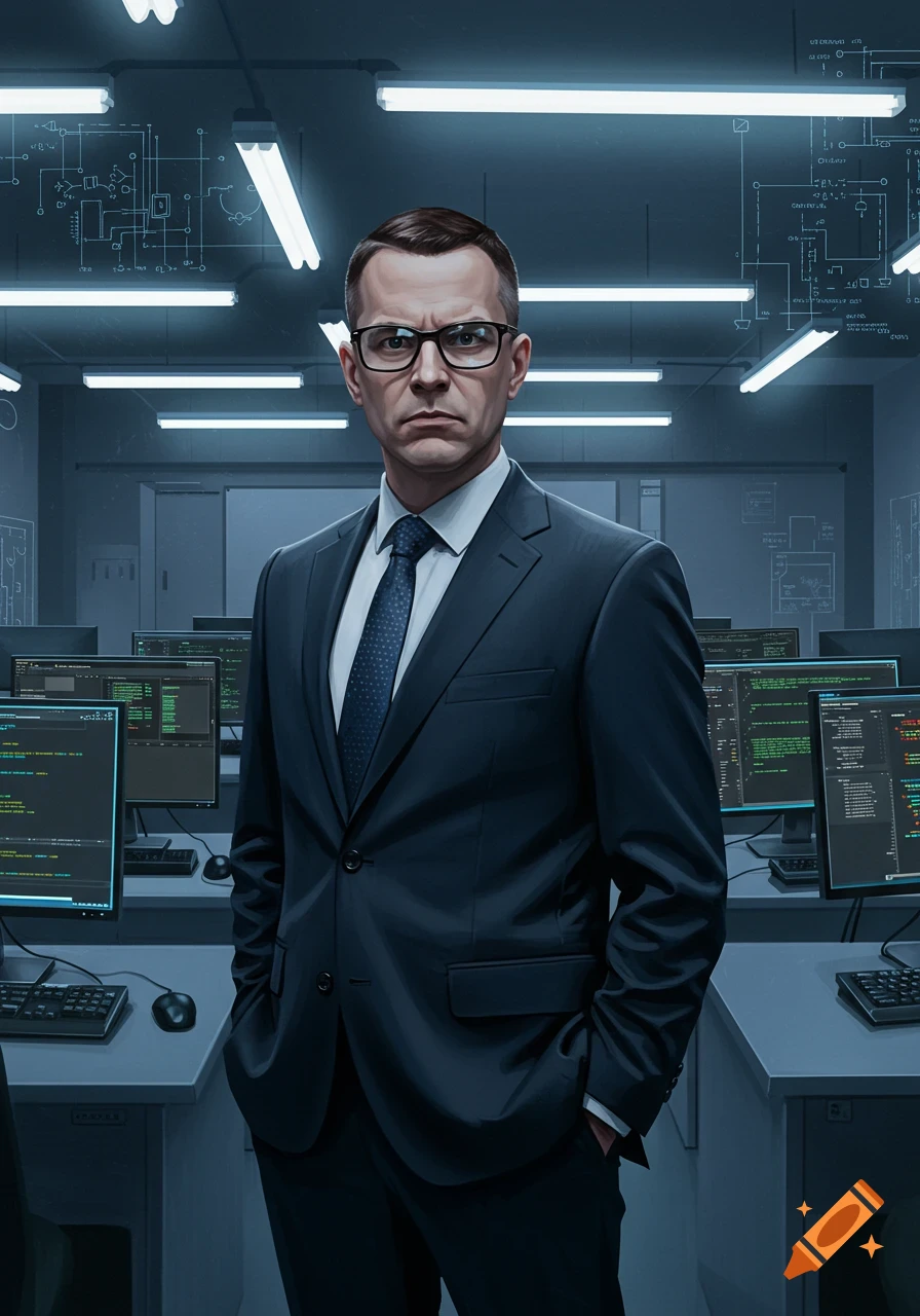 A man in a suit and glasses stands in a dimly lit server room with glowing computer screens and circuit diagrams.