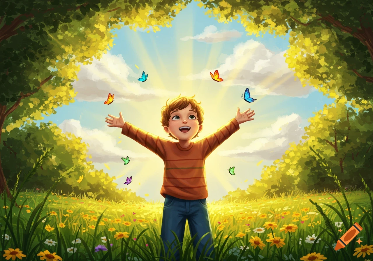 A vibrant illustration of a happy boy with outstretched arms looking up at butterflies in a sunny field of wildflowers.
