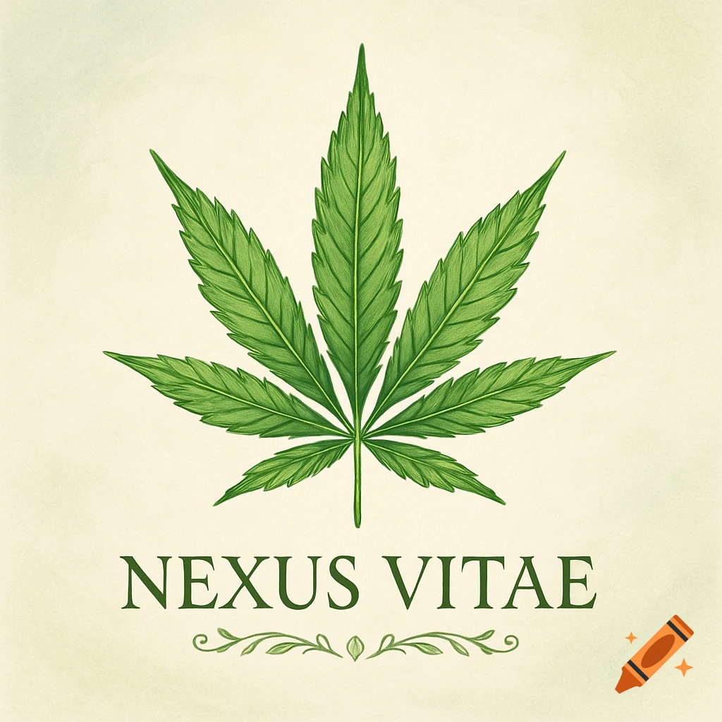 A stylized green cannabis leaf with text "NEXUS VITAE" and decorative vines on a light, textured background.