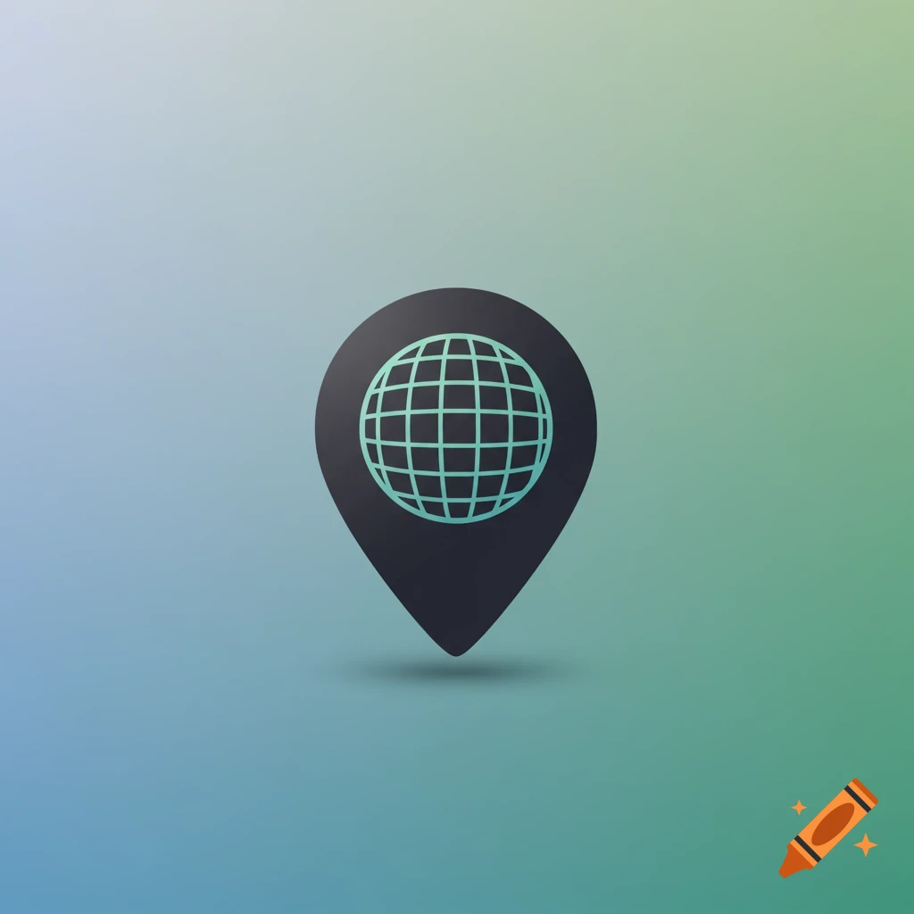 A black map pin icon with a teal grid globe inside, on a blue to green gradient background.