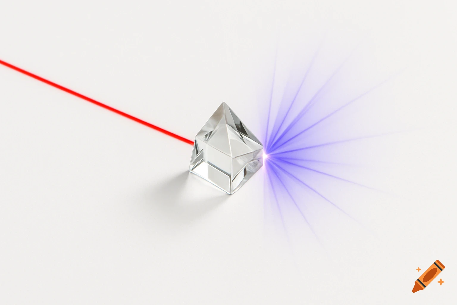 A red laser beam enters a clear prism on a white background, emitting a fan of violet light.