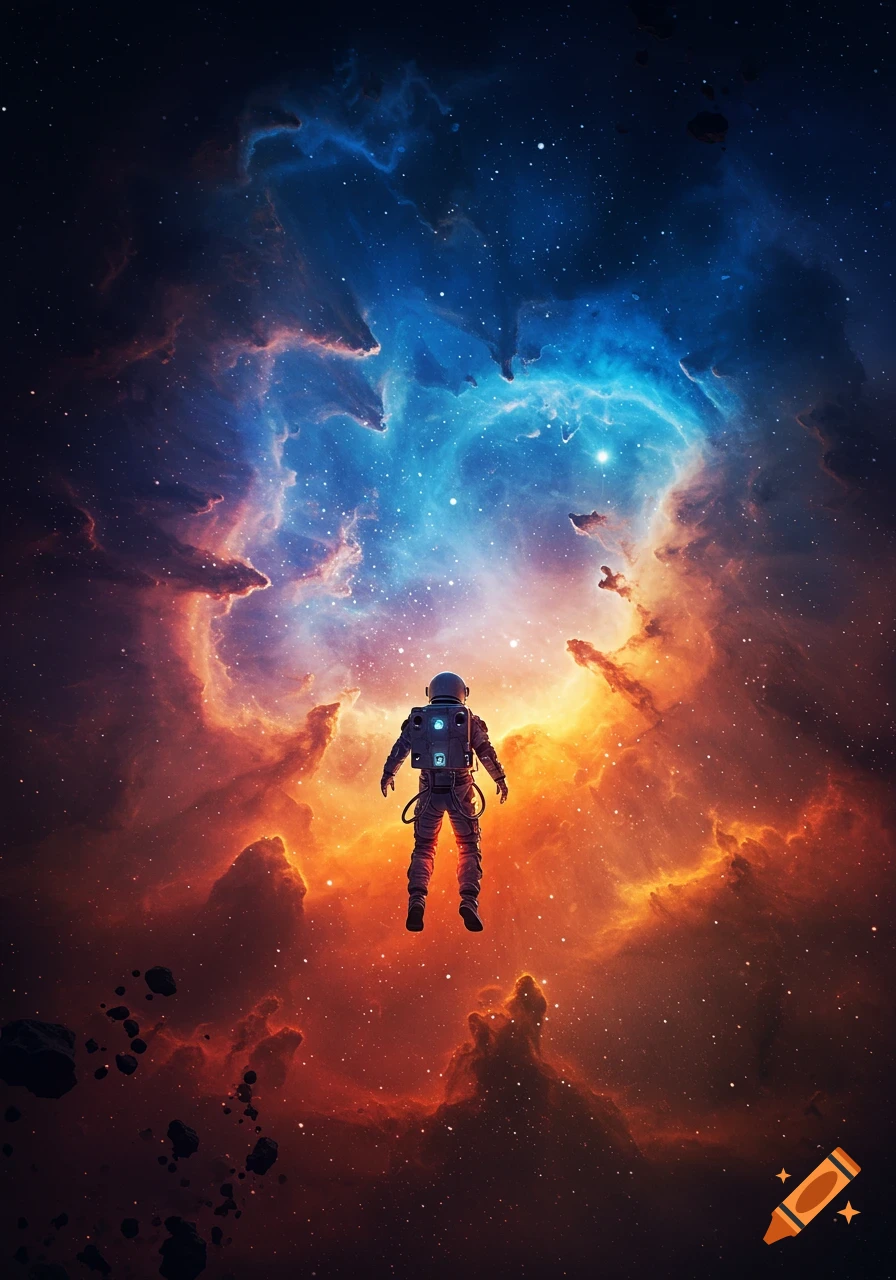 An astronaut floats in a vibrant nebula filled with swirling red, orange, and blue colors and countless stars.