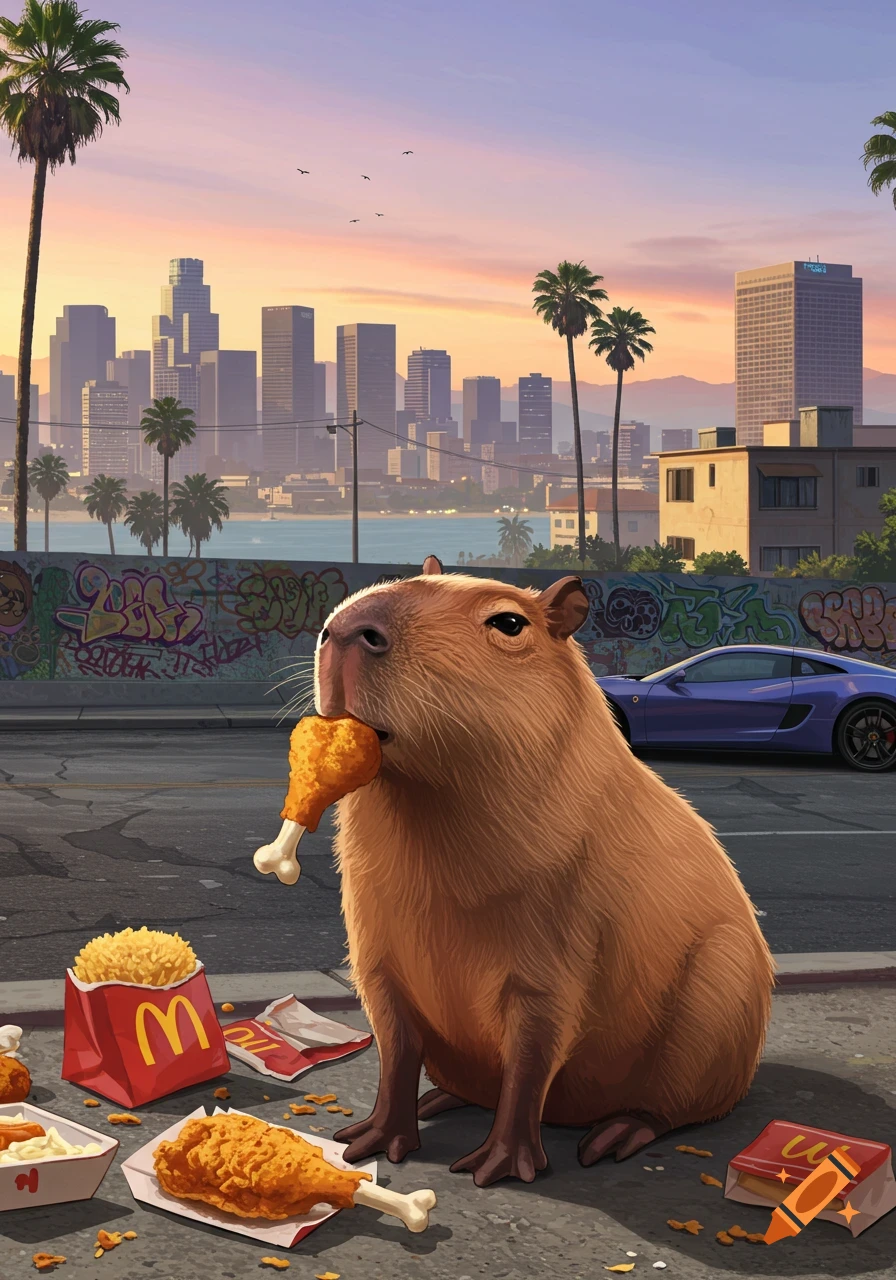 A capybara sits on a sidewalk eating fried chicken, surrounded by fast food packaging, with a city skyline at sunset in the background.