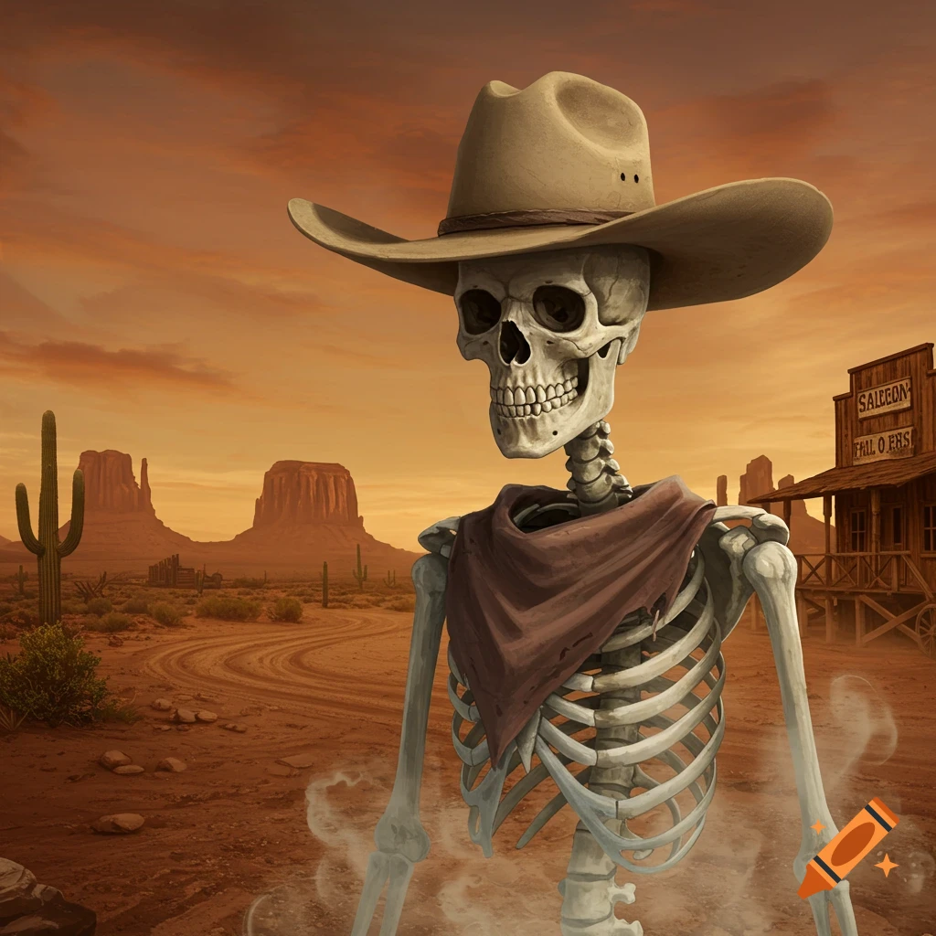 A skeleton wearing a cowboy hat and bandana stands in a dusty desert landscape with a saloon and cacti under an orange sky.