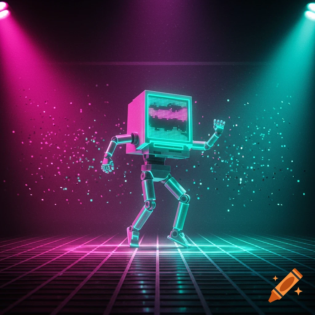 A retro-futuristic computer robot with a glowing screen dances on a grid floor under vibrant pink and teal spotlights with confetti.