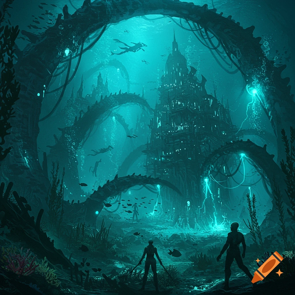 Two figures observe a massive, glowing biomechanical city structure on the seabed, with divers and coral in the deep blue ocean. Digital art.
