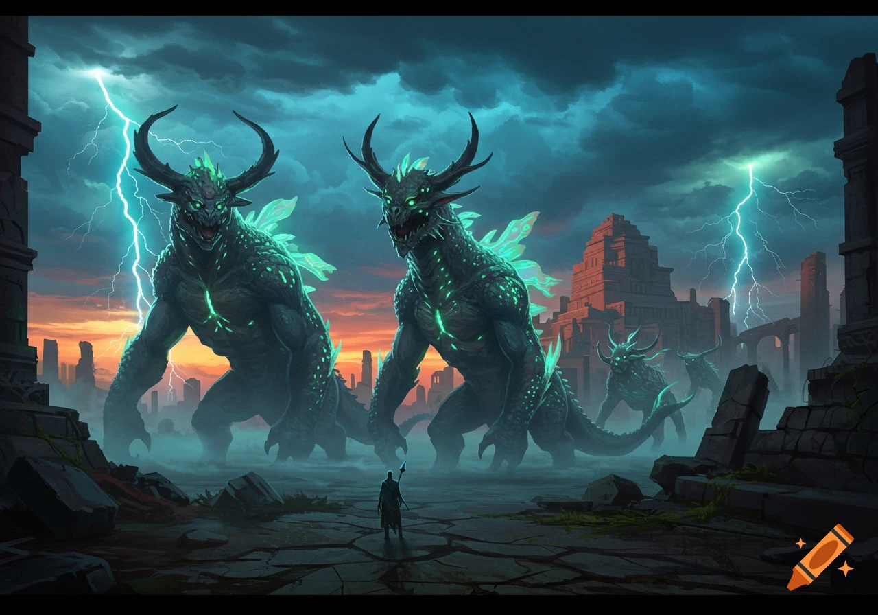 A lone figure faces massive, horned, glowing monsters in a ruined city under a stormy, lightning-filled sky in a digital painting.