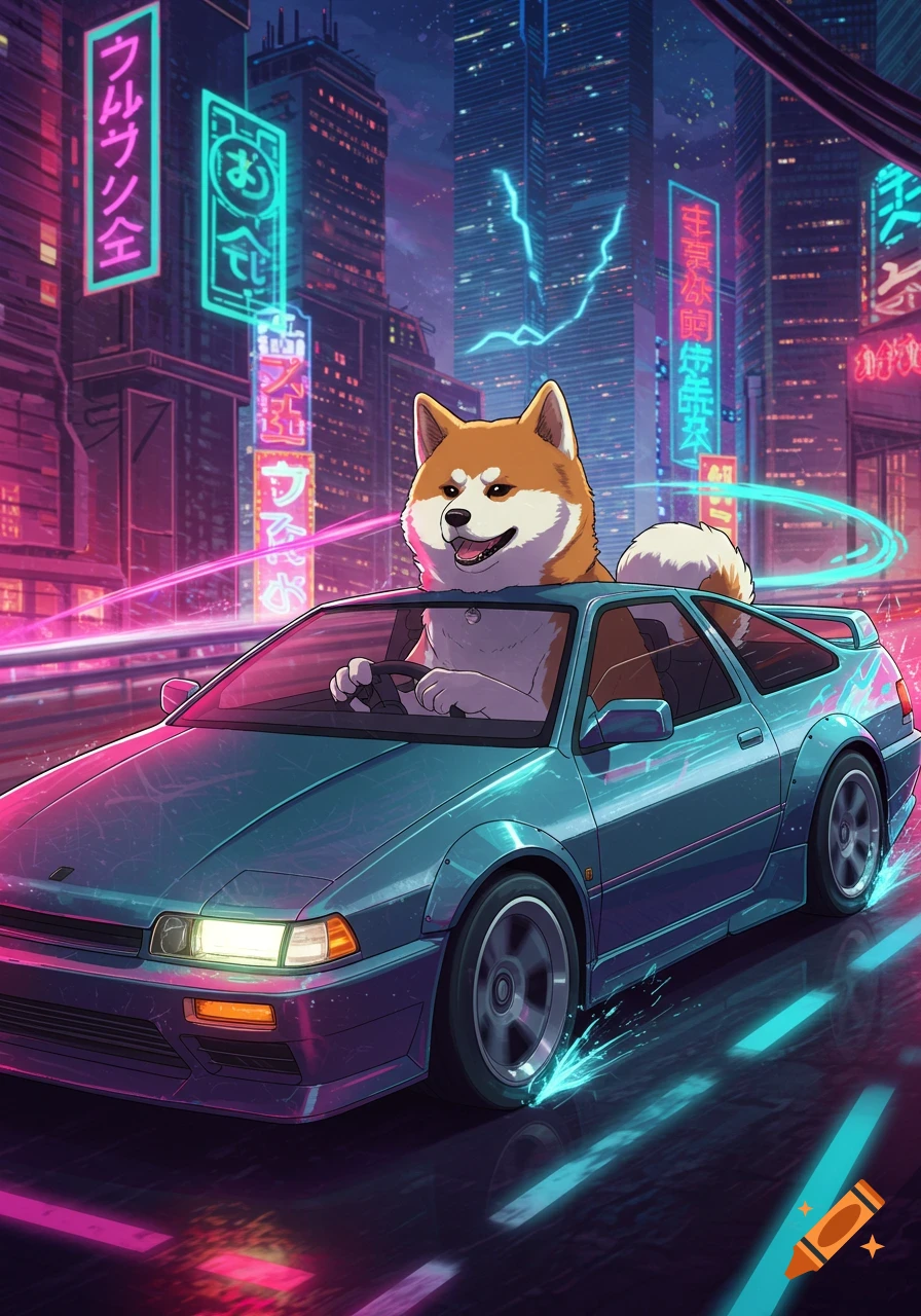 Anime Shiba Inu driving a sports car through a neon-lit cyberpunk city at night.