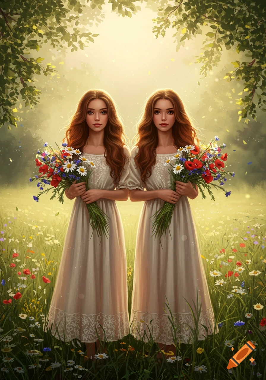Two identical women with long red hair in white dresses stand in a sunlit meadow holding bouquets of wildflowers.