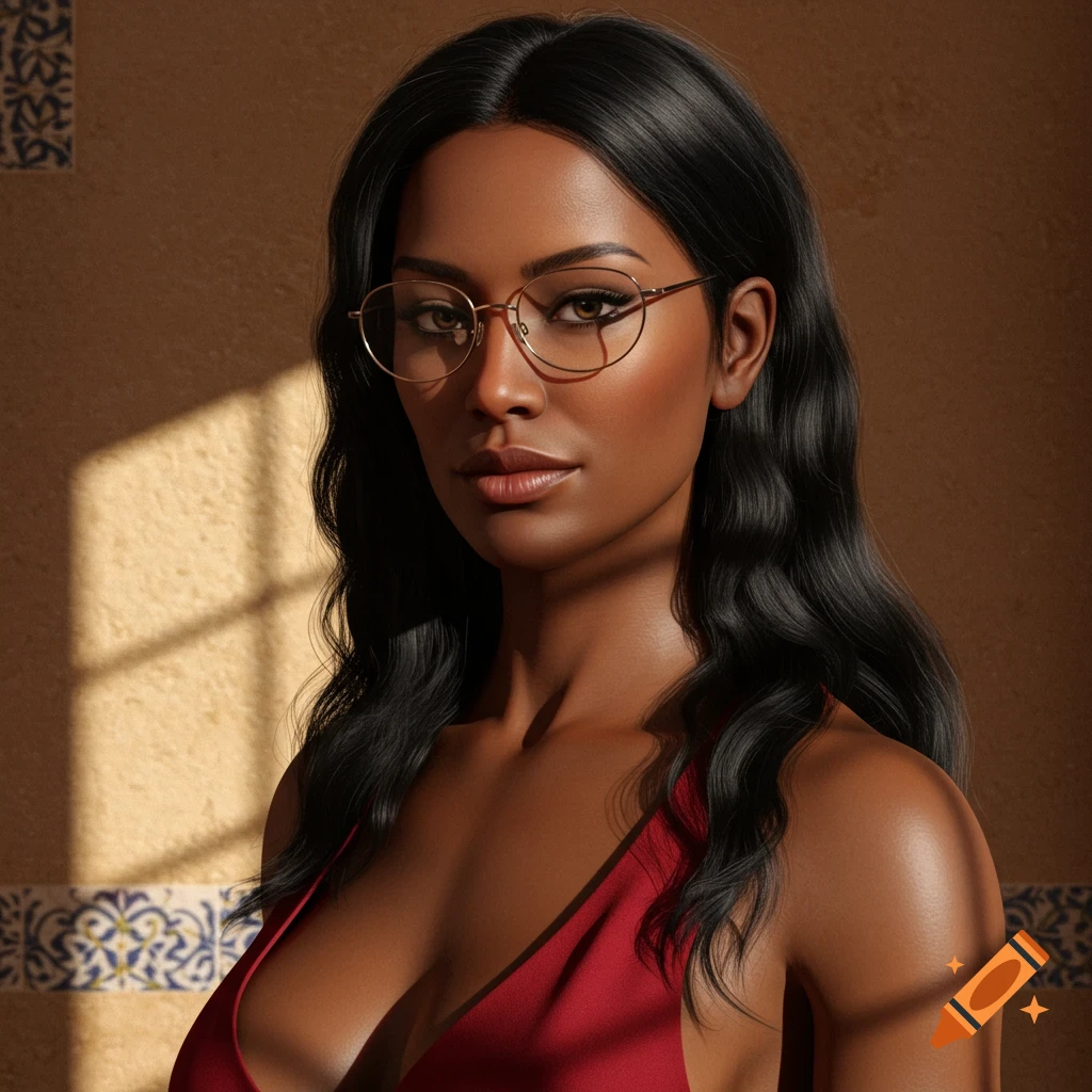 Photorealistic portrait of a dark-skinned woman with long black hair, wearing glasses and a red top, bathed in sunlight.