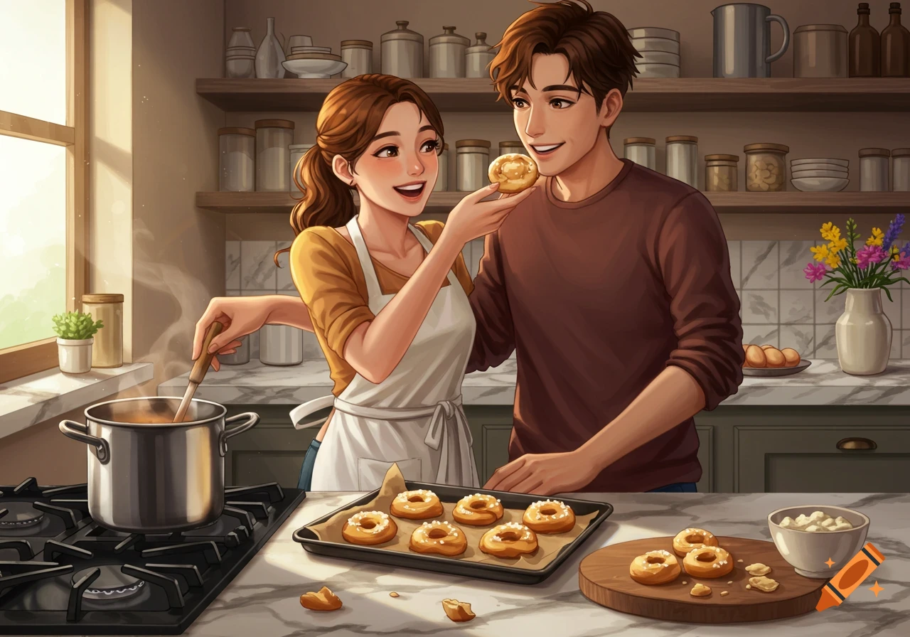 An anime couple in a kitchen, the woman stirring a pot while offering a doughnut to the smiling man, surrounded by baking items.
