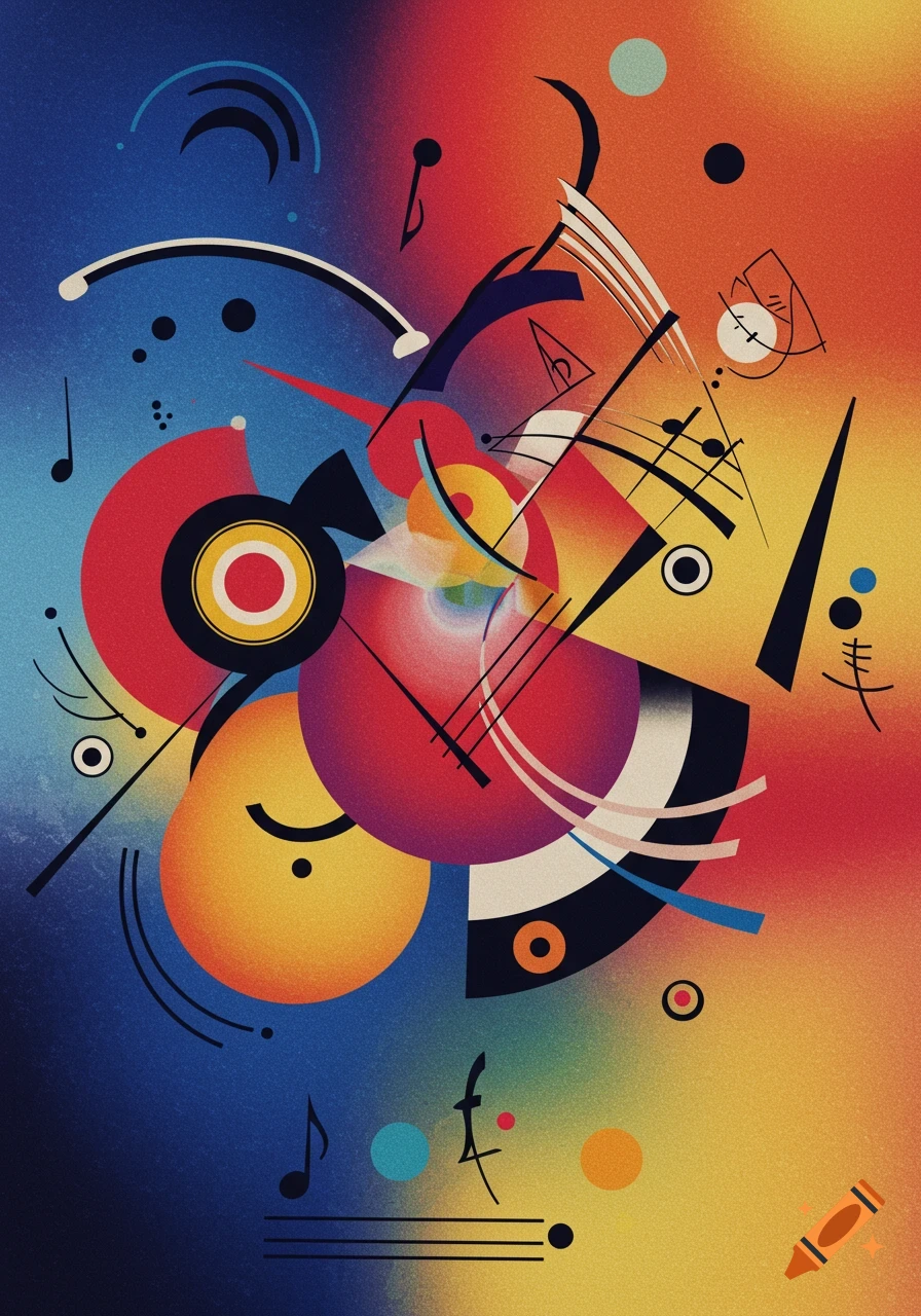 Abstract painting in Kandinsky style with vibrant colors, geometric shapes, and musical notes.