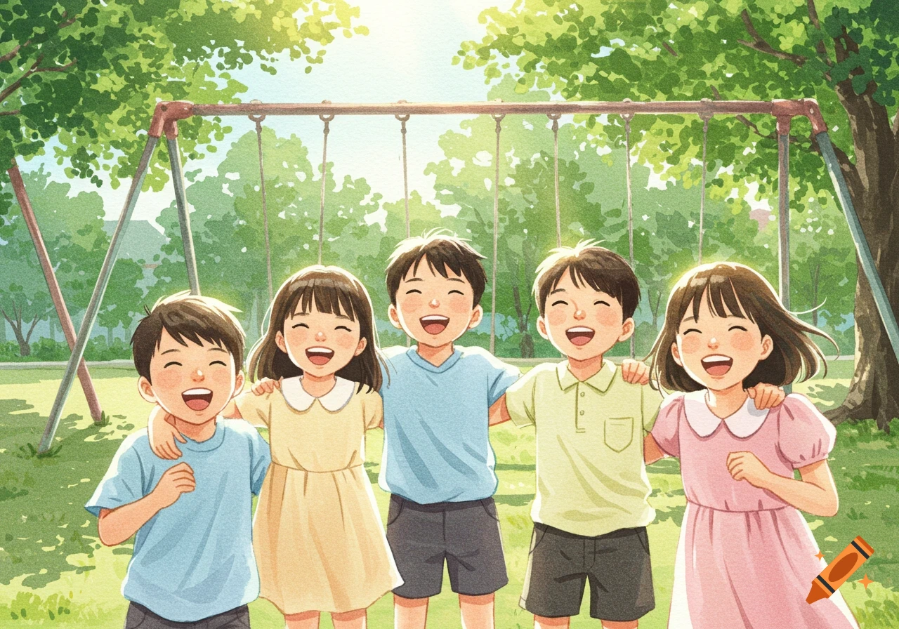 Five smiling elementary school children in a park, arms around each other's shoulders, in a bright watercolor illustration.