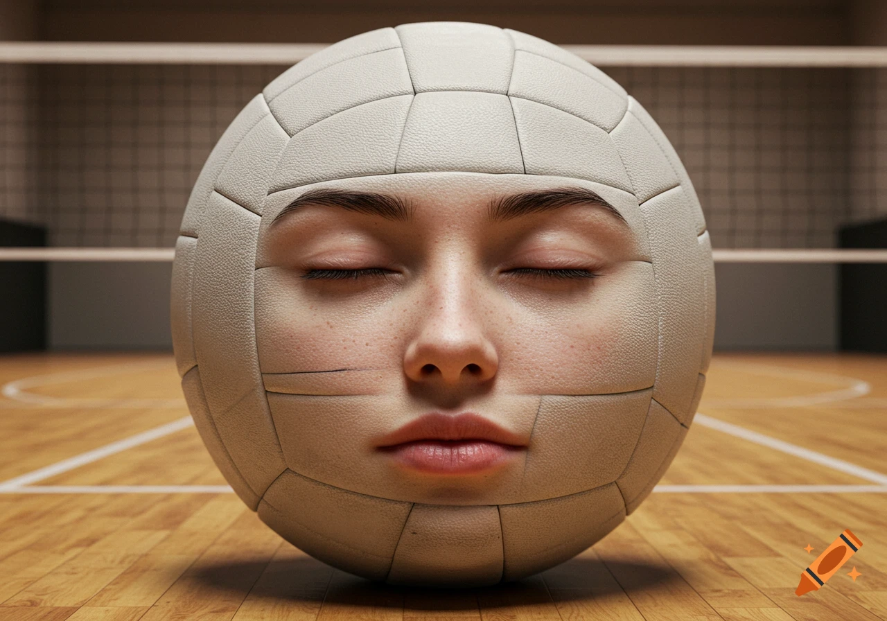 Close-up photorealistic image of a human face with closed eyes blended into a volleyball, resting on a basketball court.