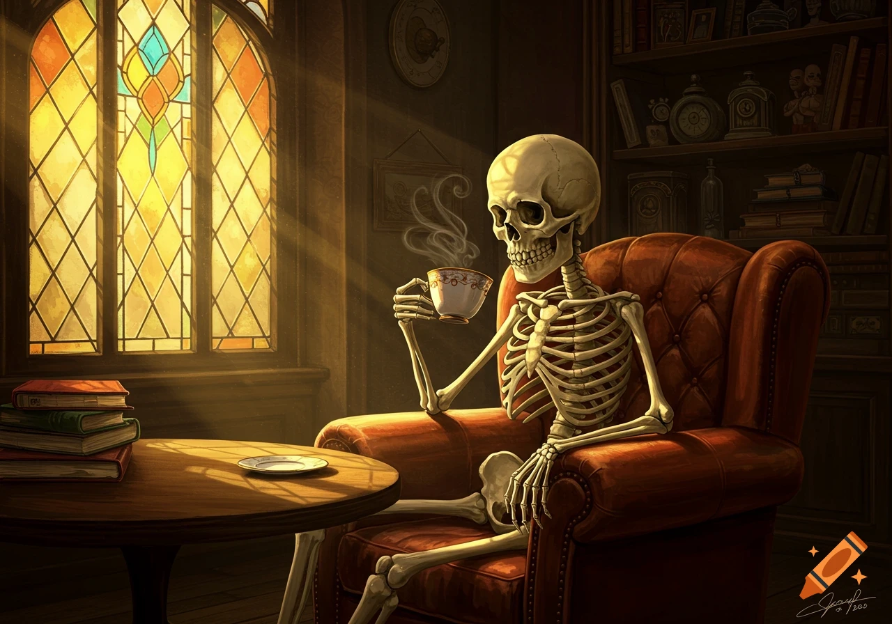 A skeleton in a red armchair sips steaming coffee by a sunlit stained-glass window, surrounded by books in a cozy, atmospheric room.