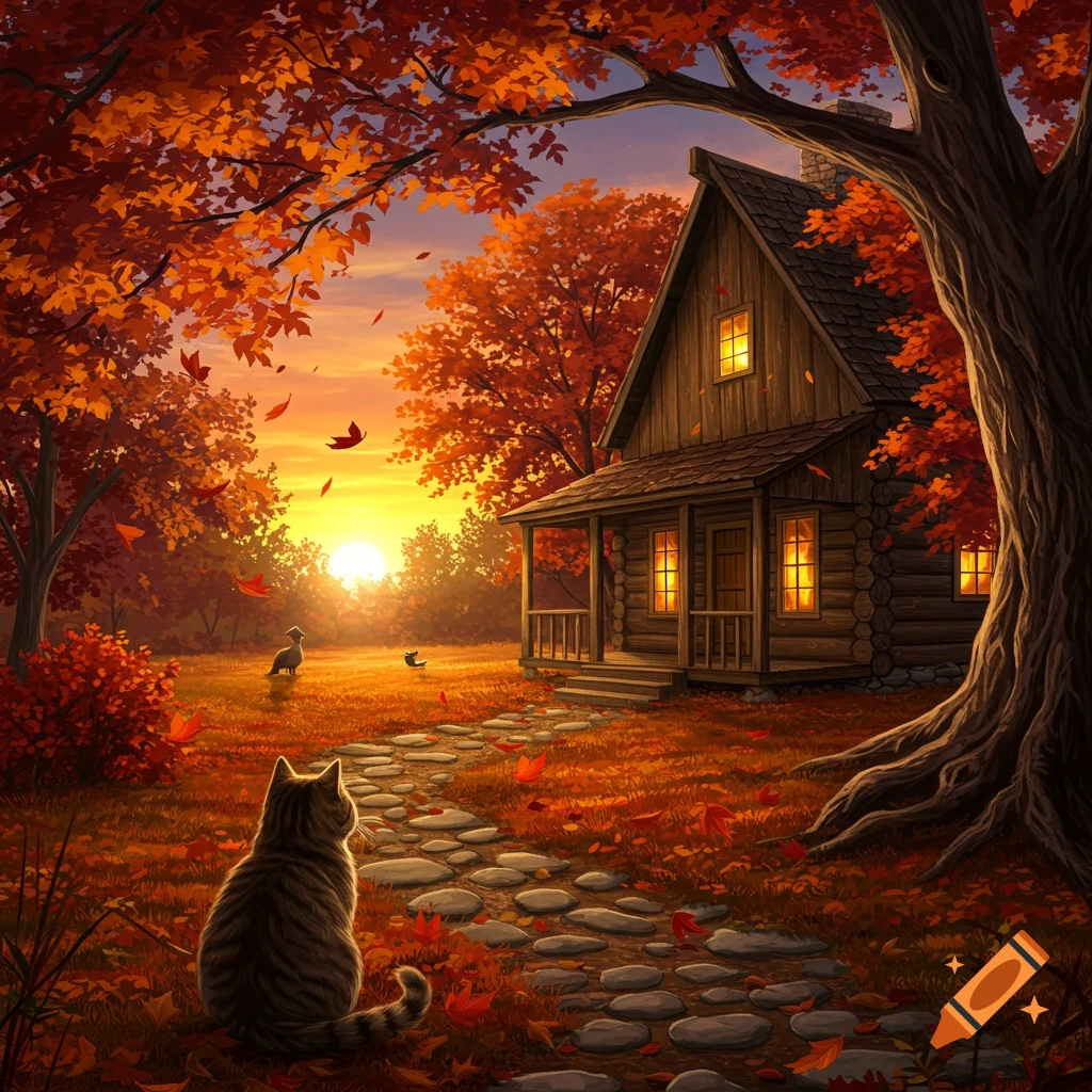 A tabby cat sits on a stone path, looking towards a rustic cabin amidst vibrant autumn trees at sunset.