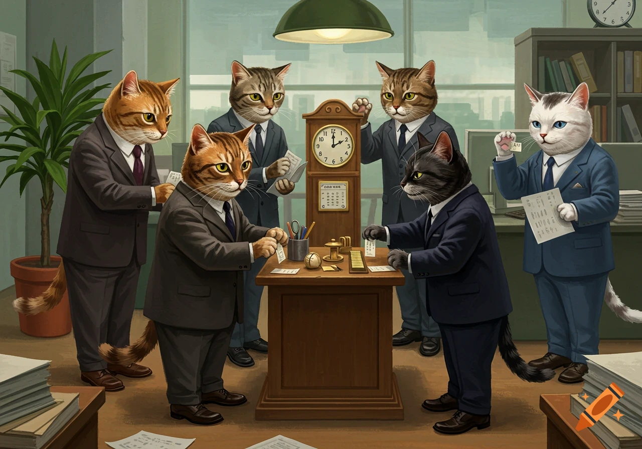 Anthropomorphic cats in suits punch time cards at a vintage office time clock.