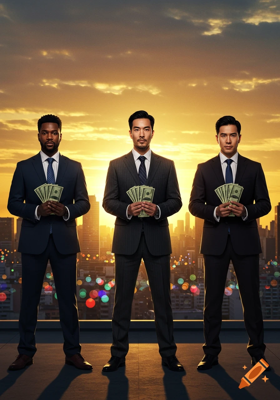 Three diverse businessmen in suits hold stacks of money on a rooftop, with a cityscape and sunset in the background.