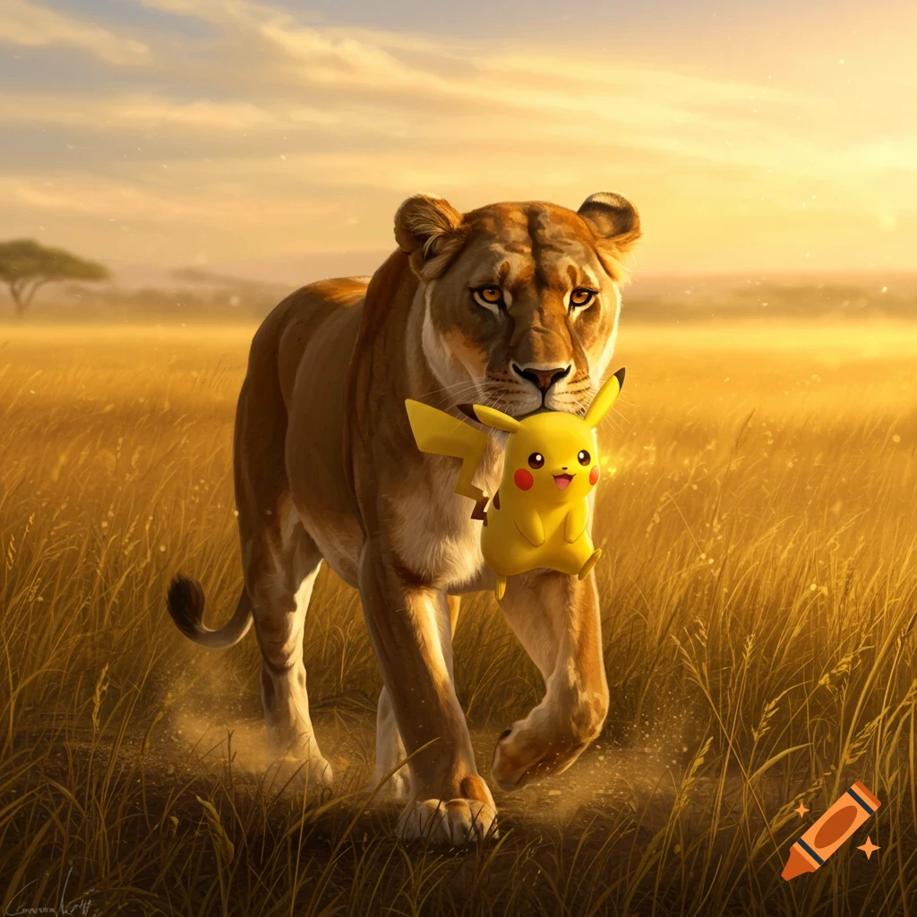 A lioness walks through golden savanna grass at sunset, holding a cheerful Pikachu. Photorealistic digital art.