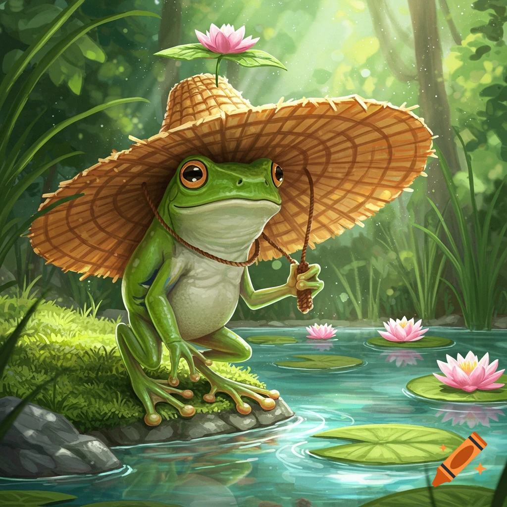 A cartoon-style frog wearing a straw hat with a lotus flower sits by a pond in a vibrant green forest.