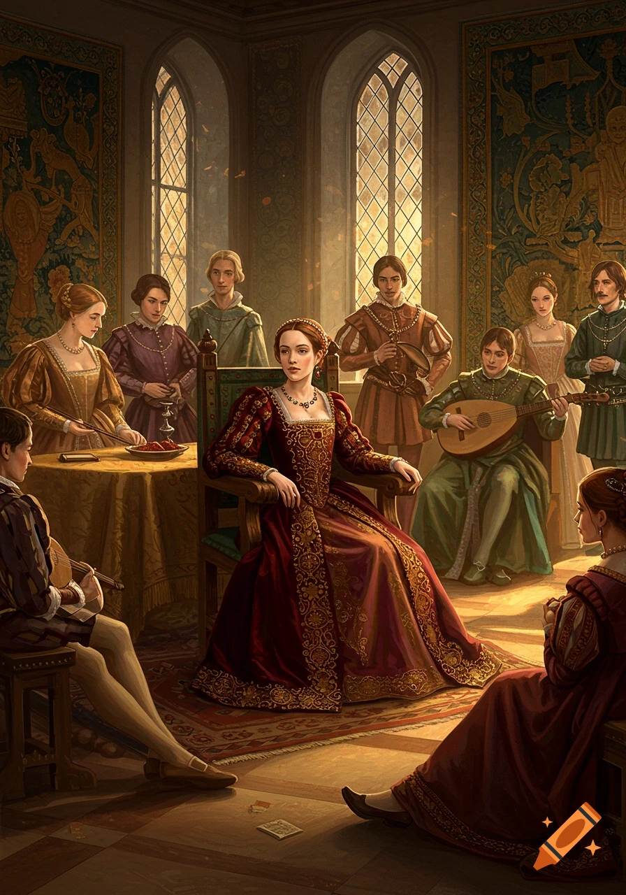 A woman in a red Renaissance gown sits in a grand room with other figures in period attire, some playing music, in a painterly style.