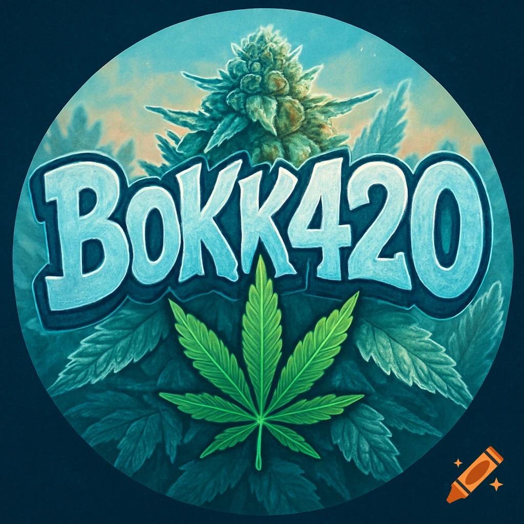 A round illustrative logo featuring the text BOKK420, a green cannabis leaf, and a frosty cannabis plant in the background.