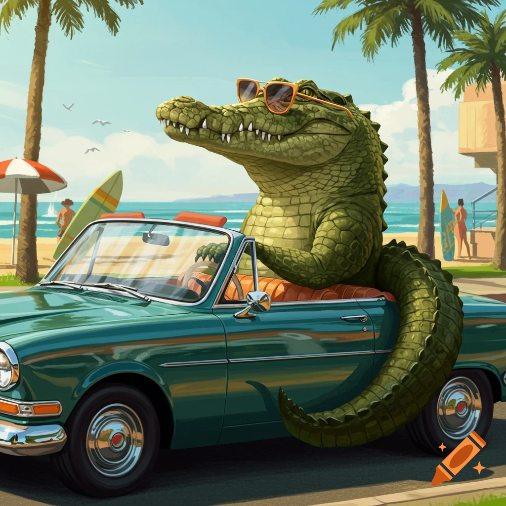 Cartoon crocodile wearing sunglasses driving a green vintage convertible along a sunny beach with palm trees.