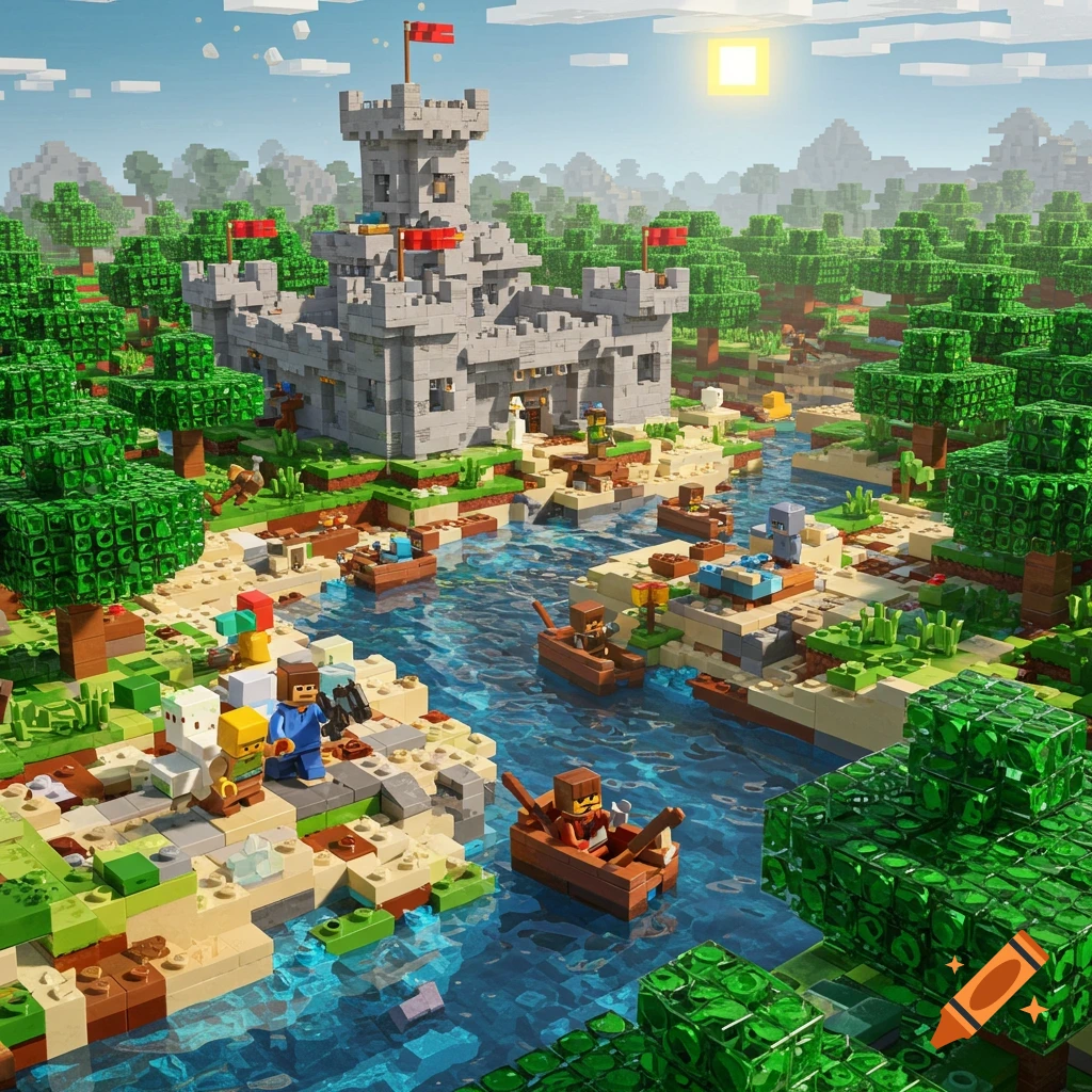 A vibrant LEGO and Minecraft-style diorama featuring a gray castle, a winding river with boats and blocky figures, and lush green trees under a bright sun.