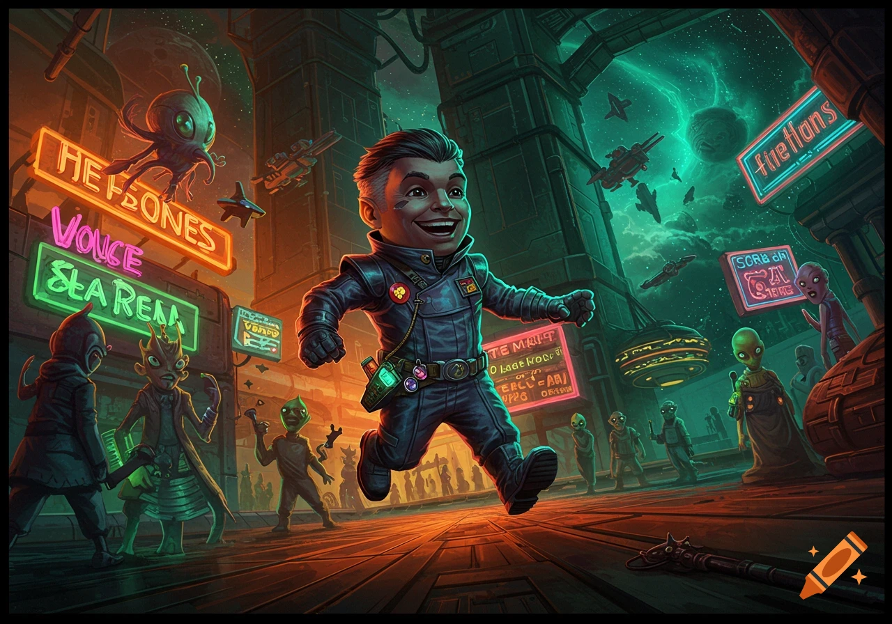 A grinning short space scoundrel runs through a vibrant, neon-lit alien city street, surrounded by various aliens and spaceships in a cartoon style.