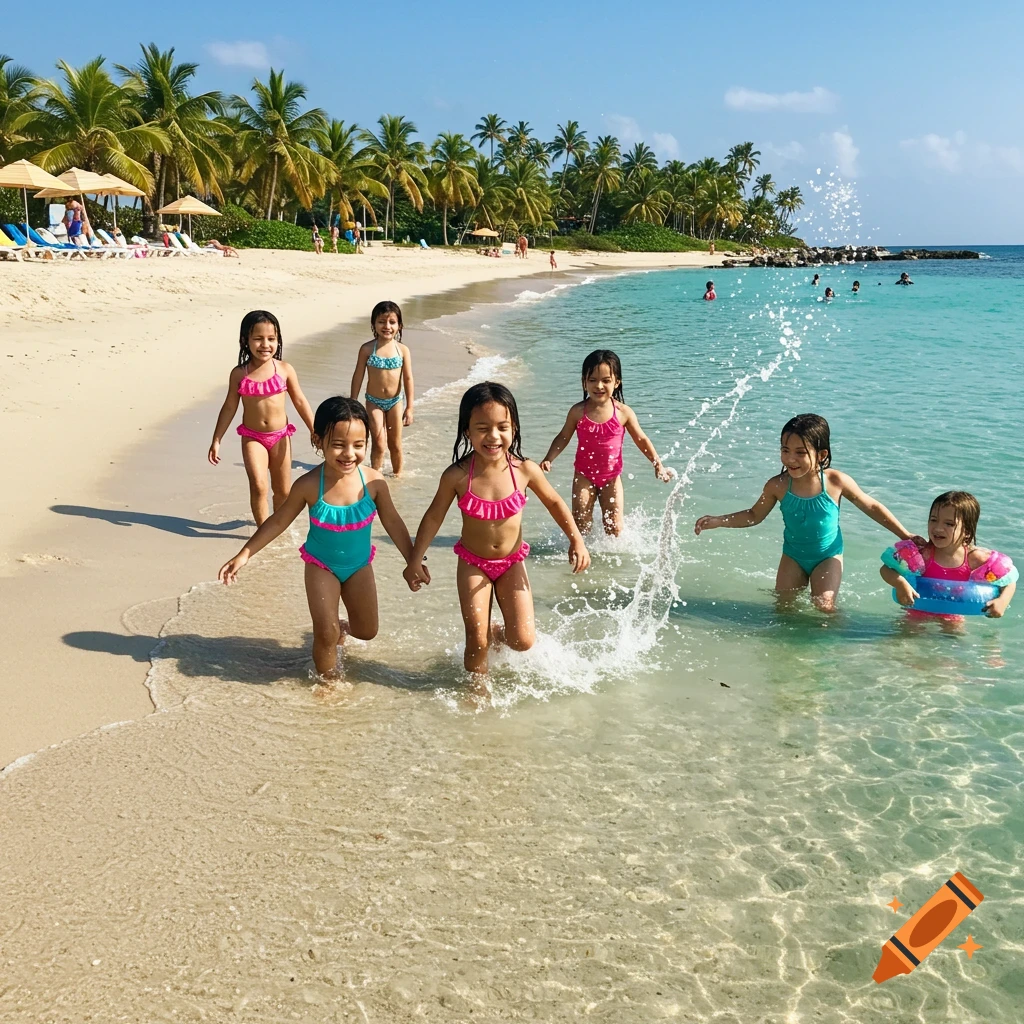 Seven young girls play joyfully in the clear blue water and sand on a sunny tropical beach with palm trees.