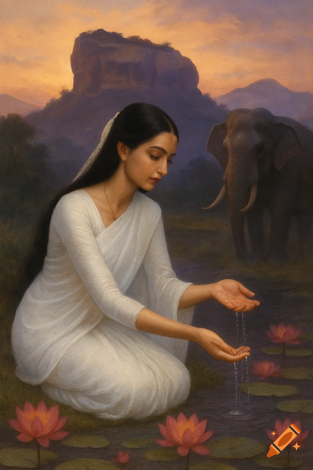 A woman in a white saree kneels by a lotus pond, pouring water from her hands, with an elephant and mountains at sunset.
