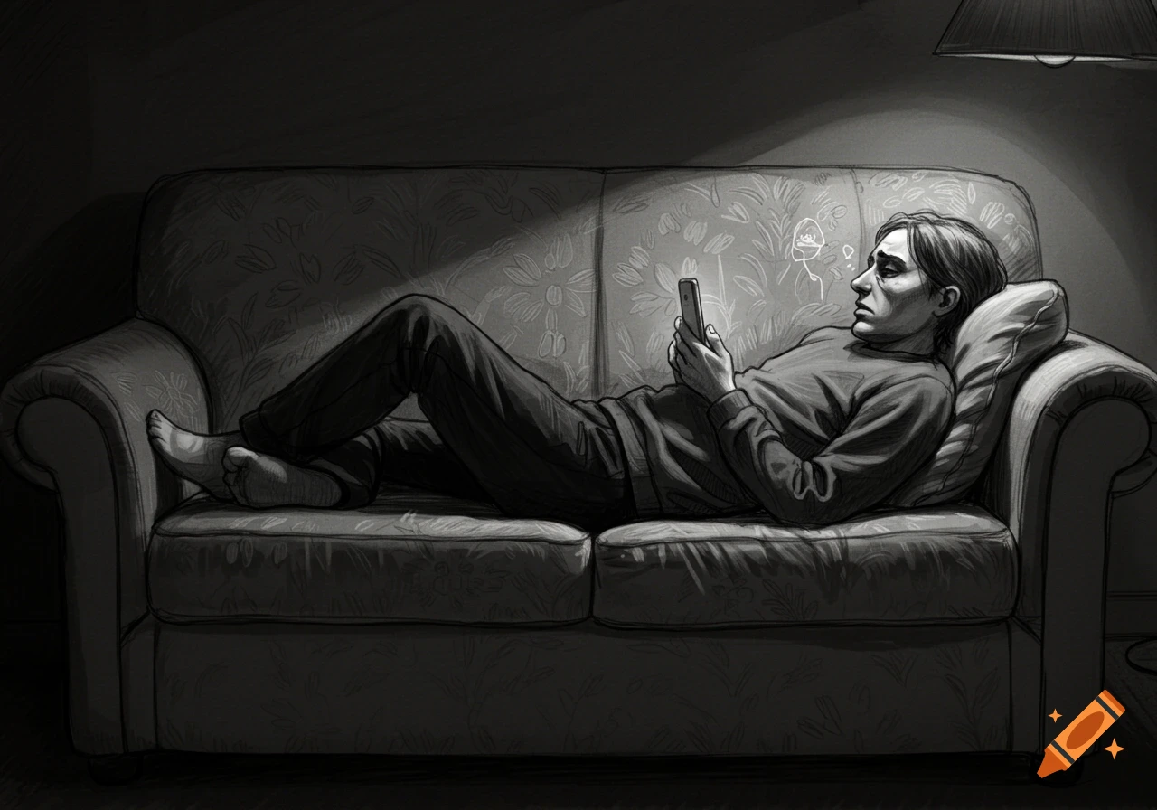 A monochrome sketch of a man lying on a sofa, looking at his phone with a pained expression.