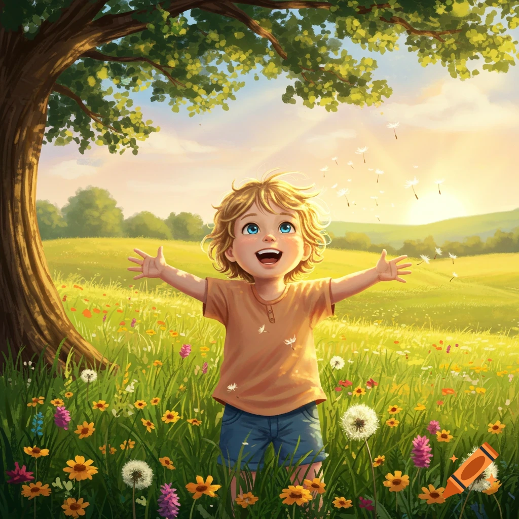 A happy child with arms outstretched smiles in a sunny meadow under a tree, with colorful flowers and floating dandelion seeds.