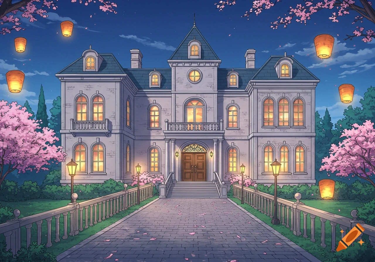 An anime-style mansion at night, with illuminated windows, cherry blossom trees, and floating lanterns. Pink petals scatter on the path leading to the entrance.